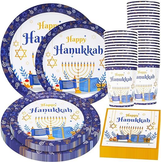 Larchio Hanukkah Plates and Napkins for 24 Guests, Hanukkah Paper Plates Napkins Cups Disposable ... | Amazon (US)