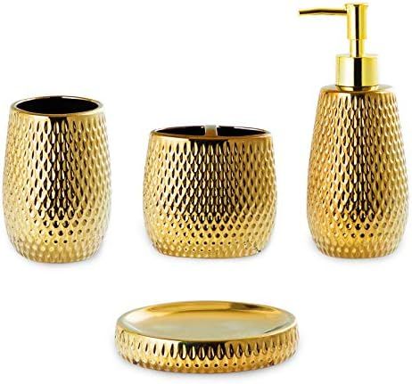 Gold Bathroom Accessory Set 4 Piece Ceramic Bath Accessories Sets Complete, Rain- Drop Shaped Bathro | Amazon (US)