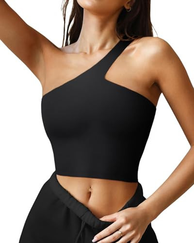 LASLULU Summer Sexy One Shoulder Sports Bras Workout Cropped Tank Top High Impact Yoga Bra Off The Shoulder Top Going Out(Black X-Large) | Amazon (US)