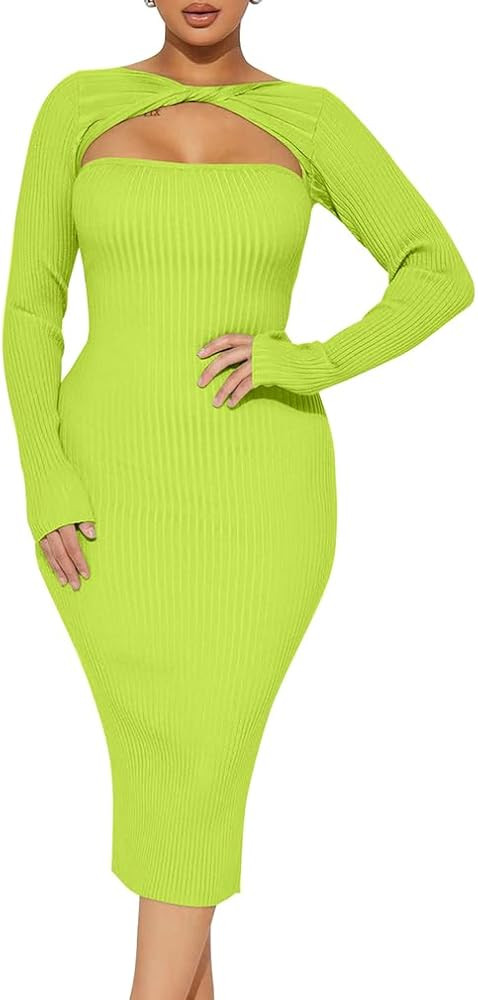 BEAGIMEG Women's Sexy Bodycon Long Sleeve Twisted Cut Out Party Club Cocktail Midi Dress | Amazon (US)