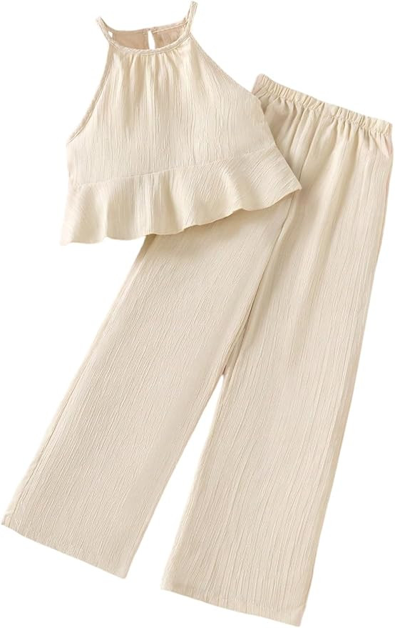 SweatyRocks Girl's 2 Piece Outfits Ruffle Halter Sleeveless Top and Elastic High Waisted Pants Se... | Amazon (US)