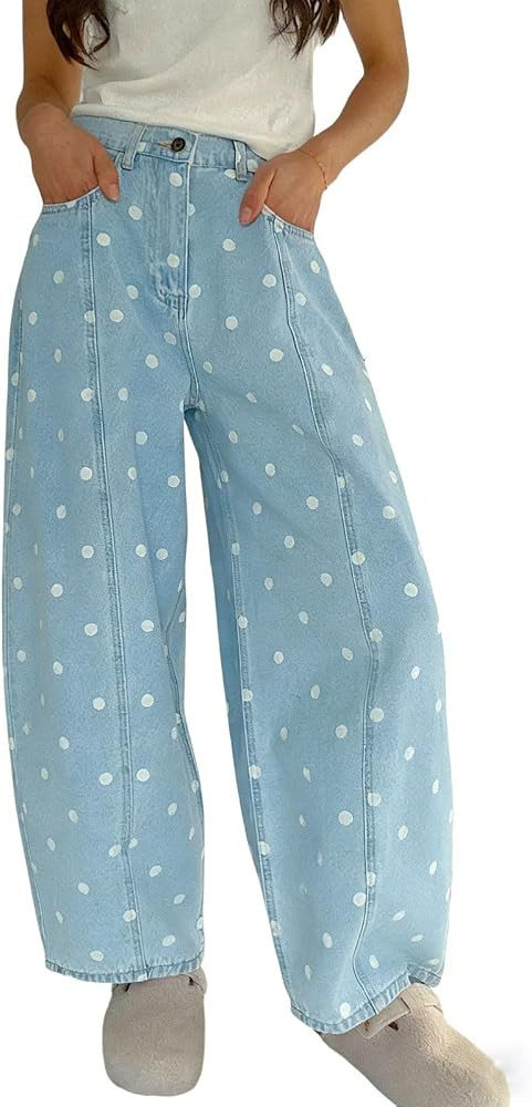 CHARTOU Y2k Polka Dot Barrel Jeans Women Seam Front Baggy Jeans Casual High Waist Wide Leg Denim ... | Amazon (US)