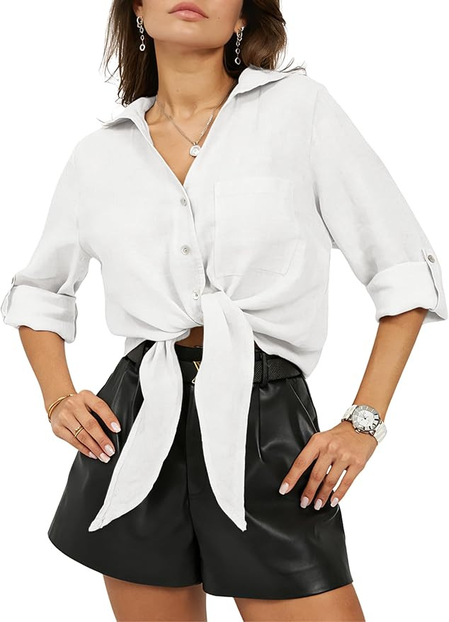 Omoone Tie Front Shirts for Women Button Down V Neck 3/4 Sleeve Loose Summer Casual Cotton Linen ... | Amazon (US)