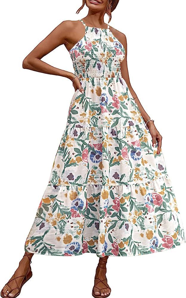 BerryGo Women's 2023 Summer Halter Floral Maxi Dress Boho Beach Vacation Long Flowy Backless Dres... | Amazon (US)