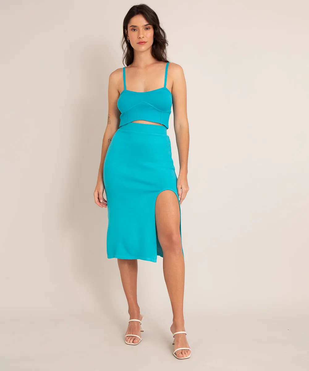 saia midi de tricô com fenda azul | C&A (BR)