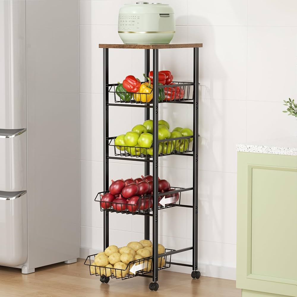 Delamu Fruit Vegetable Basket for Kitchen,5 Tier Kitchen Organizer and Storage Cart with Wheels,S... | Amazon (US)