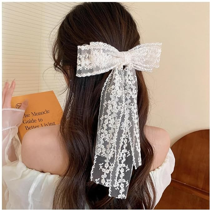 Large Lace Hair Bow Clips for Women Girls | Cute Beige Lace Bows for Hair Weighs Only 0.6 Oz | Of... | Amazon (US)