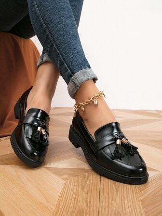 Fall/Winter Women's Black Tassel Decor Flat Loafers | SHEIN