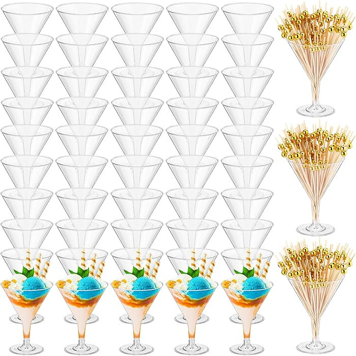 100 Pcs 7 oz Plastic Martini Glasses and Cocktail Picks Set Disposable Clear Cocktail Dessert Gla... | Amazon (US)