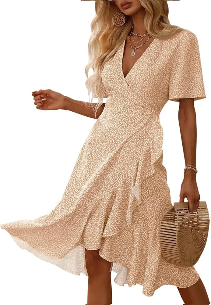 Febriajuce Women's Summer Wrap Maxi Dress Casual Boho Floral V Neck Short Sleeve Ruffle Hem Flowy... | Amazon (US)