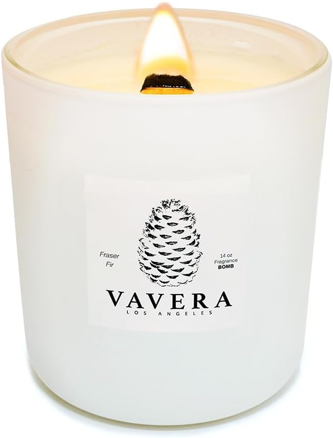 VAVERA Fraser Fir Long Burning Wooden Wick Natural Soy Luxury Pine Scented Candles (14oz Matte Wh... | Amazon (US)
