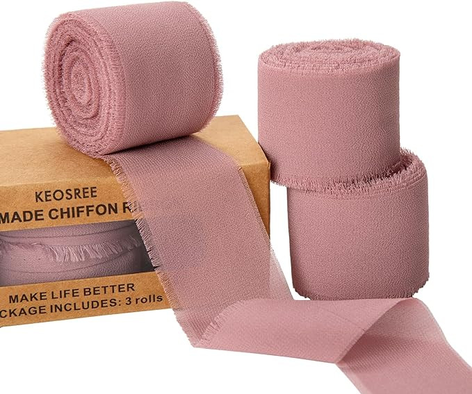 3 Rolls Dusty Rose Handmade Chiffon Ribbon,1.5" x 21Yd Frayed Fringe Silk Mauve Ribbons (3 Rolls ... | Amazon (US)