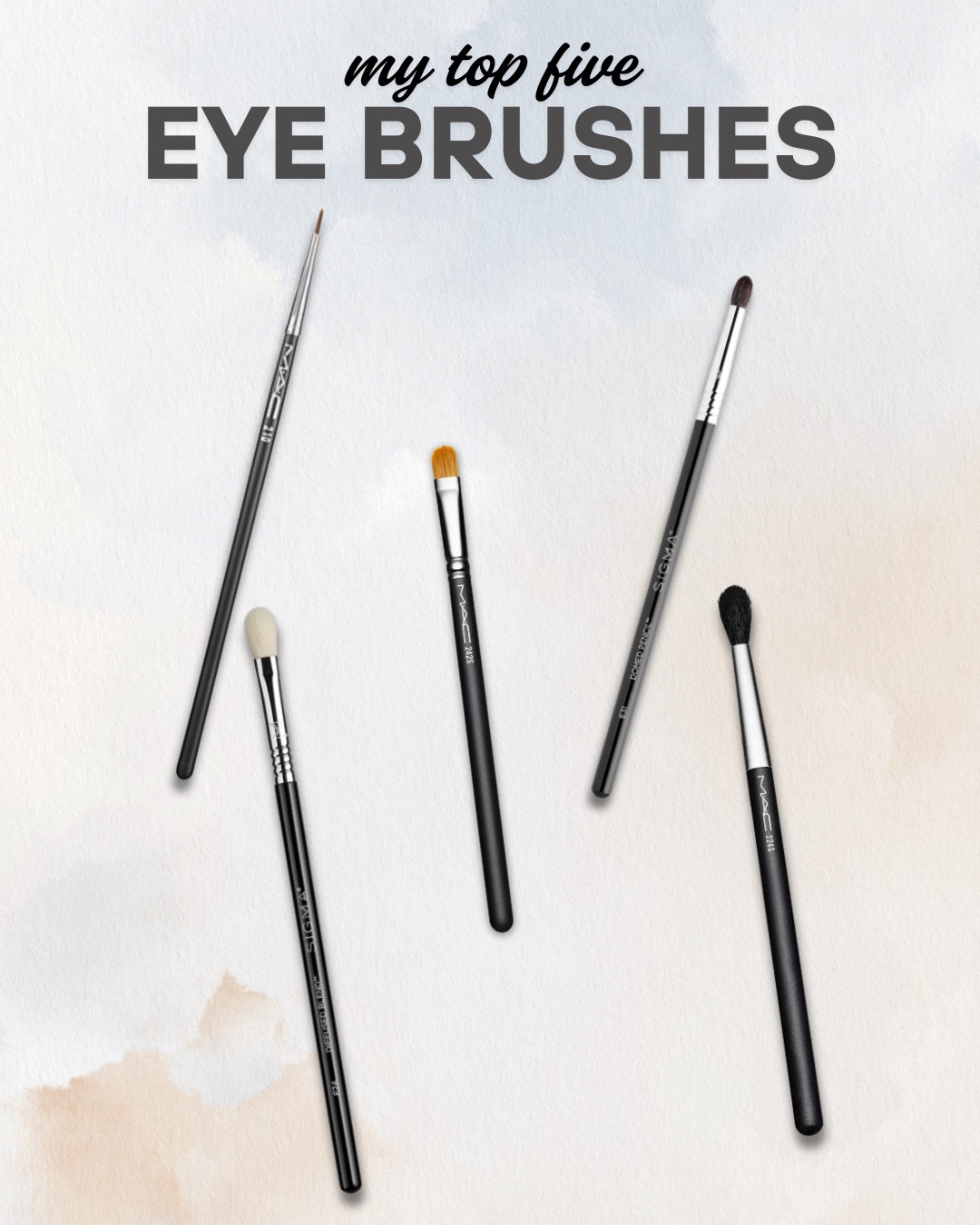 These are my top 5 eye brushes for precise placement, seamless blending, and pro-level looks.

MAC Cosmetics 242S Brush – Flat and firm for packing on shimmer or cream shadow. A must-have for lid work.

Sigma Beauty E31 Dome Pencil Brush – Perfect for smoking out the lower lash line or adding detail to the crease.

MAC Cosmetics 224 Tapered Blending Brush – Fluffy, soft, and ideal for diffusing shadows in the crease with ease.

Sigma Beauty E24 Diffused Blend Brush – Great for softening harsh lines and creating smooth transitions between shades.

MAC Cosmetics 210 Precise Eye Liner Brush – Ultra-fine tip for clean, sharp liner looks or detailed artistry work.

#Top5EyeBrushes #BlendingBrush #EyeshadowTools #PrecisionApplication #MakeupBrushEssentials #ProBrushes #LTKMakeup #LTKBeauty

#LTKBeauty