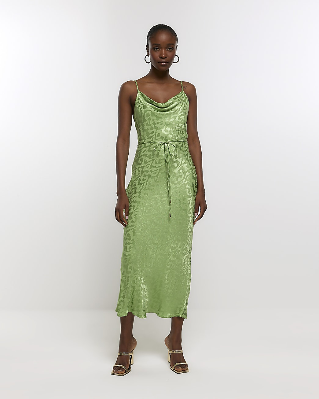 Green tie waist cowl neck slip midi dress | River Island (UK & IE)