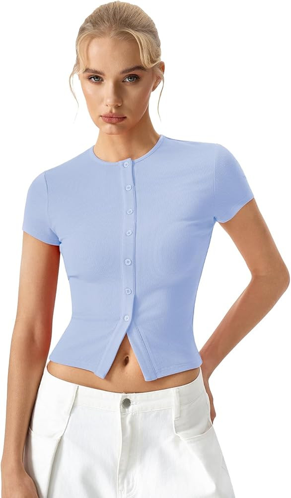 QINSEN Women's Crewneck Short Sleeve T Shirts Ribbed Button Going Out Trendy Tops | Amazon (US)
