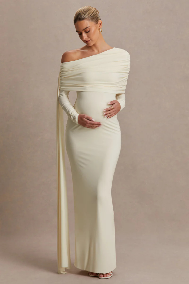 Cyra  Cream Asymmetric-Neck Maternity Maxi Dress With Sash | Club L London