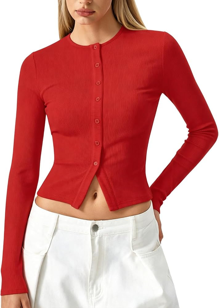 QINSEN Women's Long Sleeve Crewneck T Shirts Ribbed Button Crop Top Going Out Tops | Amazon (US)
