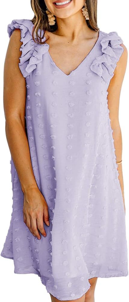 Sidefeel Womens V Neck Sleeveless Ruffle Chiffon Swiss Dot Shift Dress | Amazon (US)
