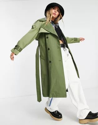 Bershka back detail trench coat in khaki | ASOS (Global)