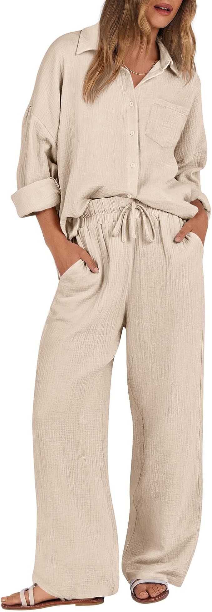 KIRUNDO Women 2 Piece Outfits Cotton Long Sleeve Shirt Wide Leg Pants Matching Lounge Sets Trendy... | Amazon (US)