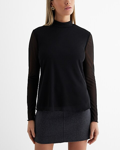 Mesh Mock Neck Long Sleeve Top | Express