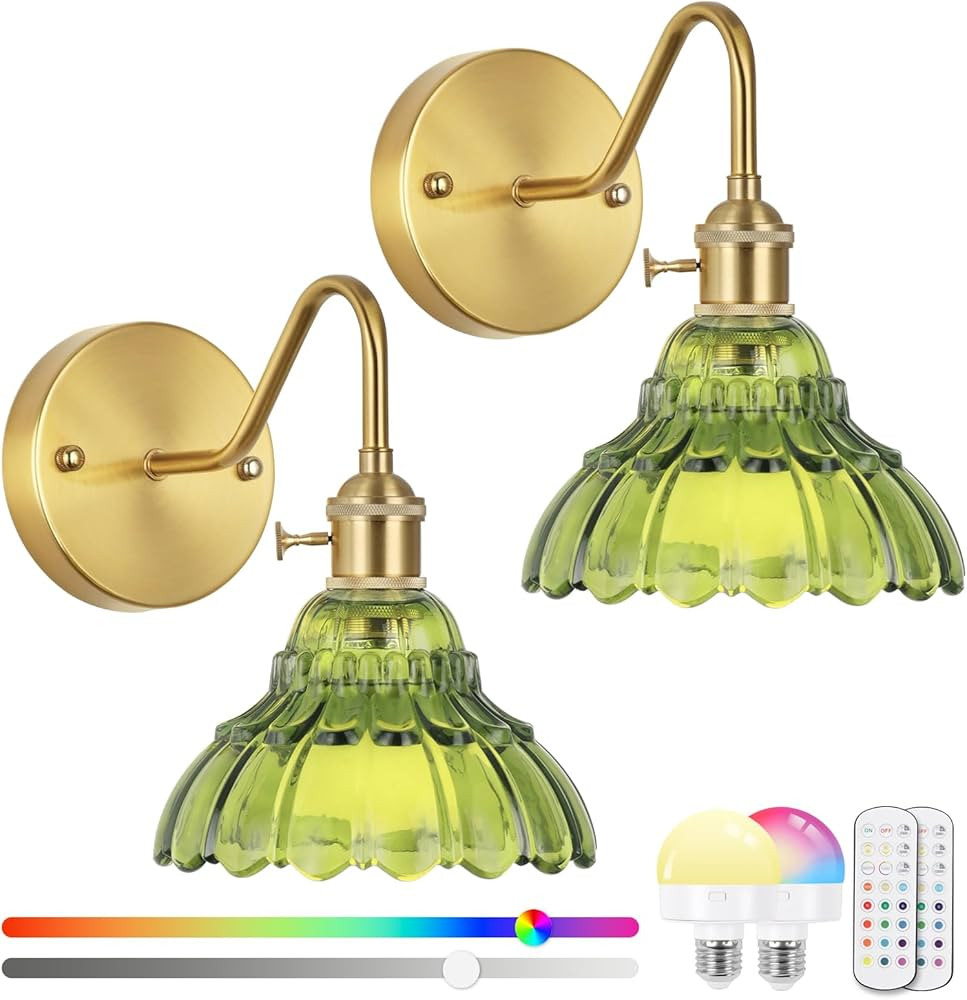 Vintage Battery Operated Wall Sconces Set Of Two, Indoor not Hardwired Brass Green Glass Lampshad... | Amazon (US)