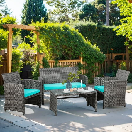 Walsunny 4-Piece Patio Rattan Furniture Set with Cushions & Tempered Glass Tabletop, Blue | Walmart (US)