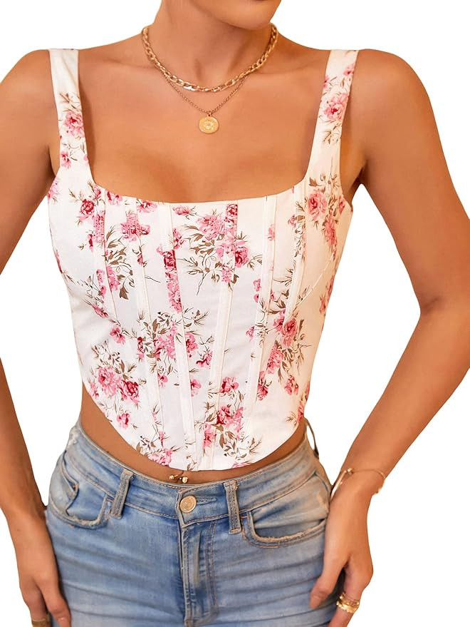 MakeMeChic Women's Ruched Mesh Zip Back Hanky Hem Corset Square Neck Crop Cami Tank Top Vest | Amazon (US)