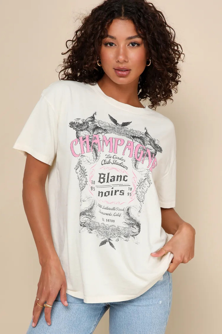 Wine Label Cream and Pink Cotton Short Sleeve Graphic Tee | Lulus