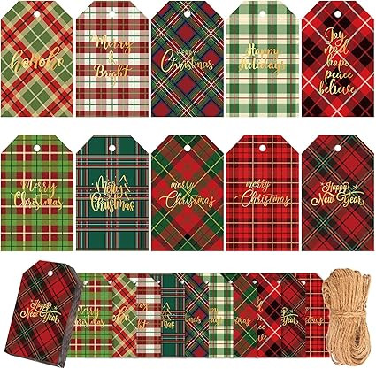 Whaline 100Pcs Christmas Gift Tags Rope Gold Foil Buffalo Plaid Craft Paper Tags Holiday Hang Lab... | Amazon (US)