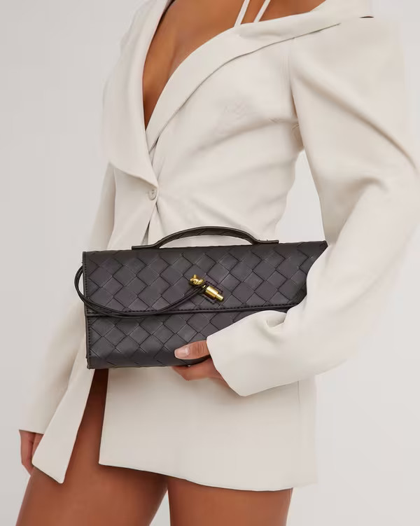 Tori Woven Detail Rectangle Shaped Clutch Bag In Black Faux Leather | EGO (UK)