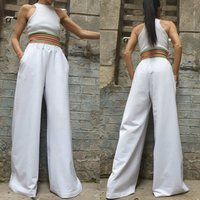 New Collection High Waist Pants/Wide Leg White Trousers/Pants With Colorful Elastic Belt/Casual Cott | Etsy (US)