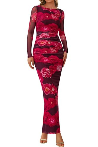 PRETTYGARDEN Women's Long Sleeve Bodycon Dresses 2025 Fall Sexy Floral Mesh Slit Ruched Tight Max... | Amazon (US)