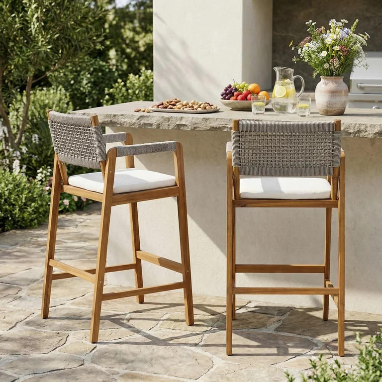 Christopher Knight Home Outdoor Counter Height Bar Stools with Rope Back and Cushions, Gray, Set ... | Walmart (US)