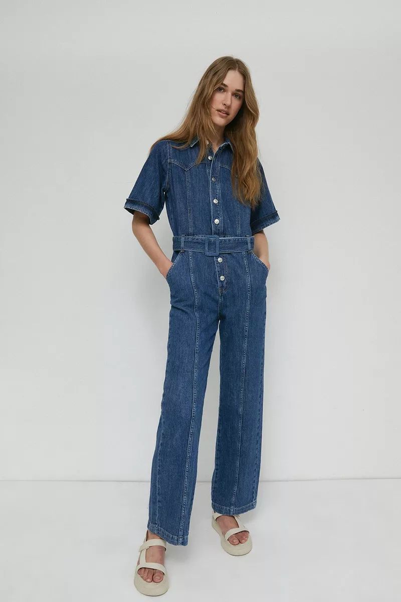 Denim Yoke Detail Belted Wide Leg Jumpsuit | Debenhams UK