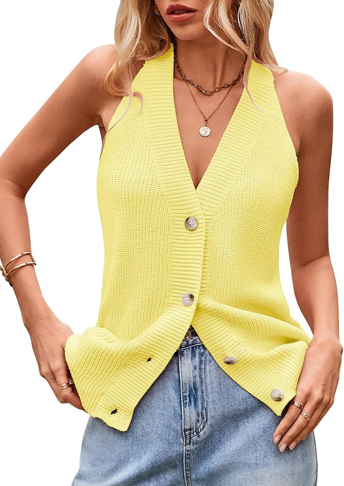 Sumtory Women Sweater Vest Button Down V Neck Knit Tank Top Sleeveless Cardigans | Amazon (US)