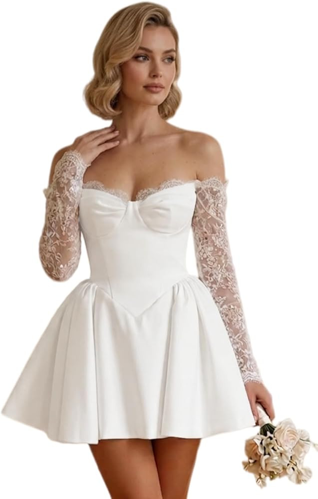 Women Satin Short Wedding Dresses for Bride A Line Off the Shoulder Mini Bridal Reception Gowns W... | Amazon (US)