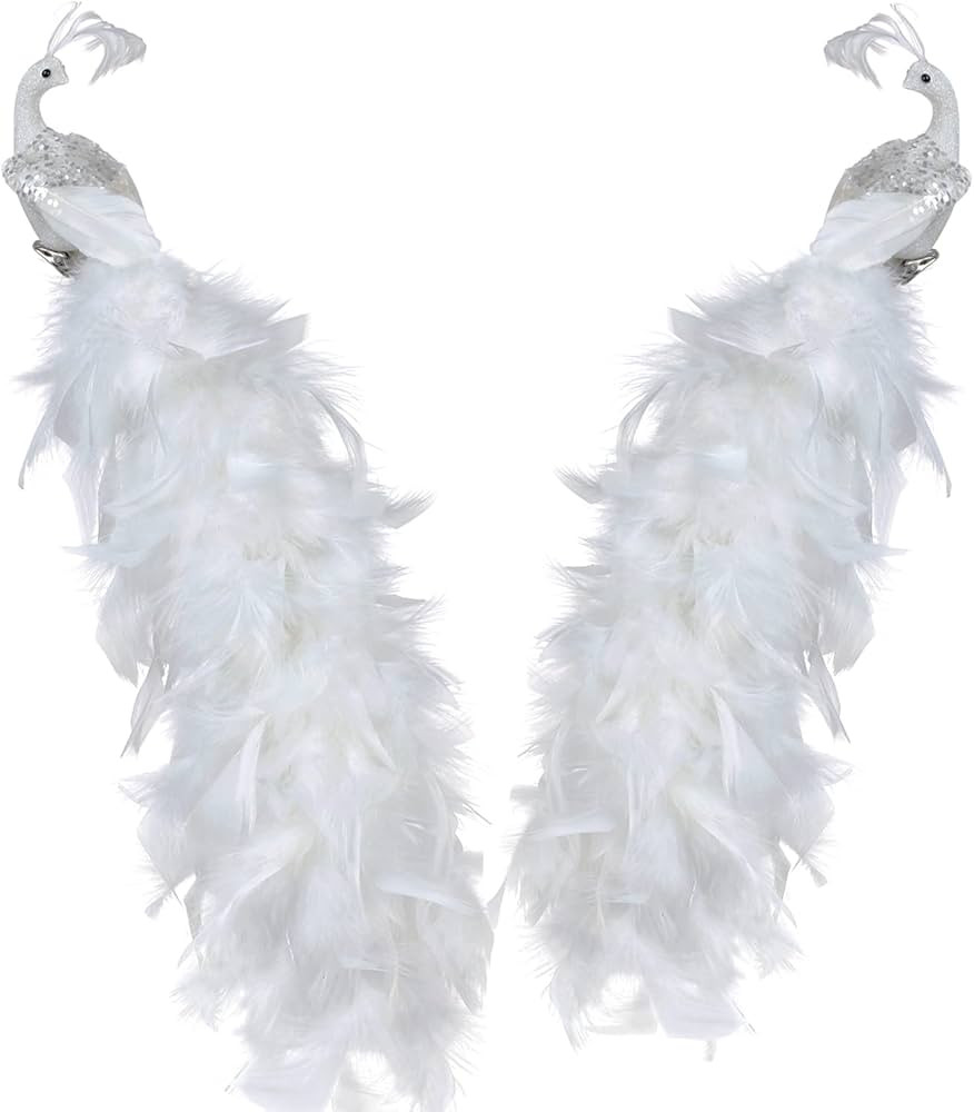 BestAlice 2 Pcs White Peacock Christmas Ornaments, 17.5 Inch Long Tail Feather Peacock Clip Ornam... | Amazon (US)