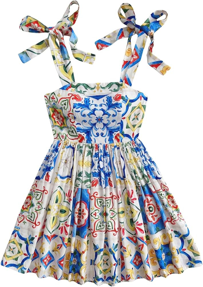 Floerns Women's Summer Floral Print Tie Shoulder Cami Dress Flare Hem Boho Mini Dress | Amazon (US)