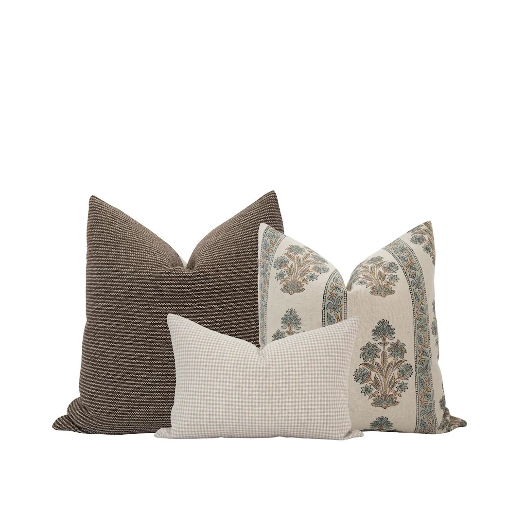 Brown and Blue Pillow Cover Set Block Print Pillow Set Brown Pillow Farmhouse Pillow Throw Pillow... | Etsy (US)