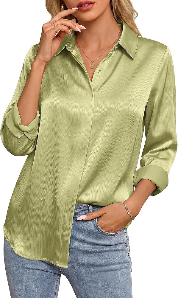GRACE KARIN 2026 Womens Silky Satin Button Down Shirts Long Sleeve Work Blouses Dressy Casual Top... | Amazon (US)