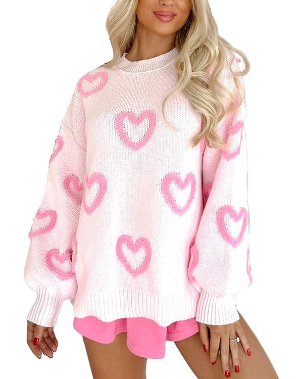 Women's Cute Heart Sweater Love Print Valentines Day Knitted Top Casual Crewneck Long Sleeve Swea... | Amazon (US)