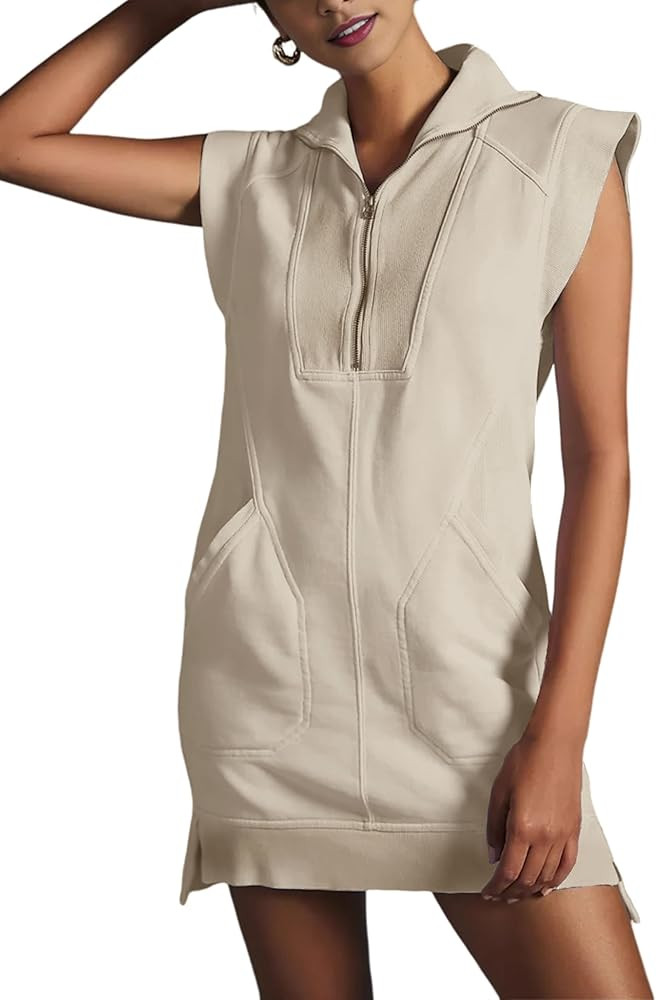 Qiaomai Womens Half Zip Sweatshirt Dresses Summer V Neck Sleeveless Pullover Tunic Tops Mini Dres... | Amazon (US)