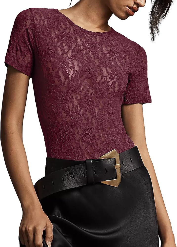 Gacaky Womens Mesh Sheer Short Sleeve Layering Top Summer Sexy Y2k Floral Embroidery Lace See Thr... | Amazon (US)
