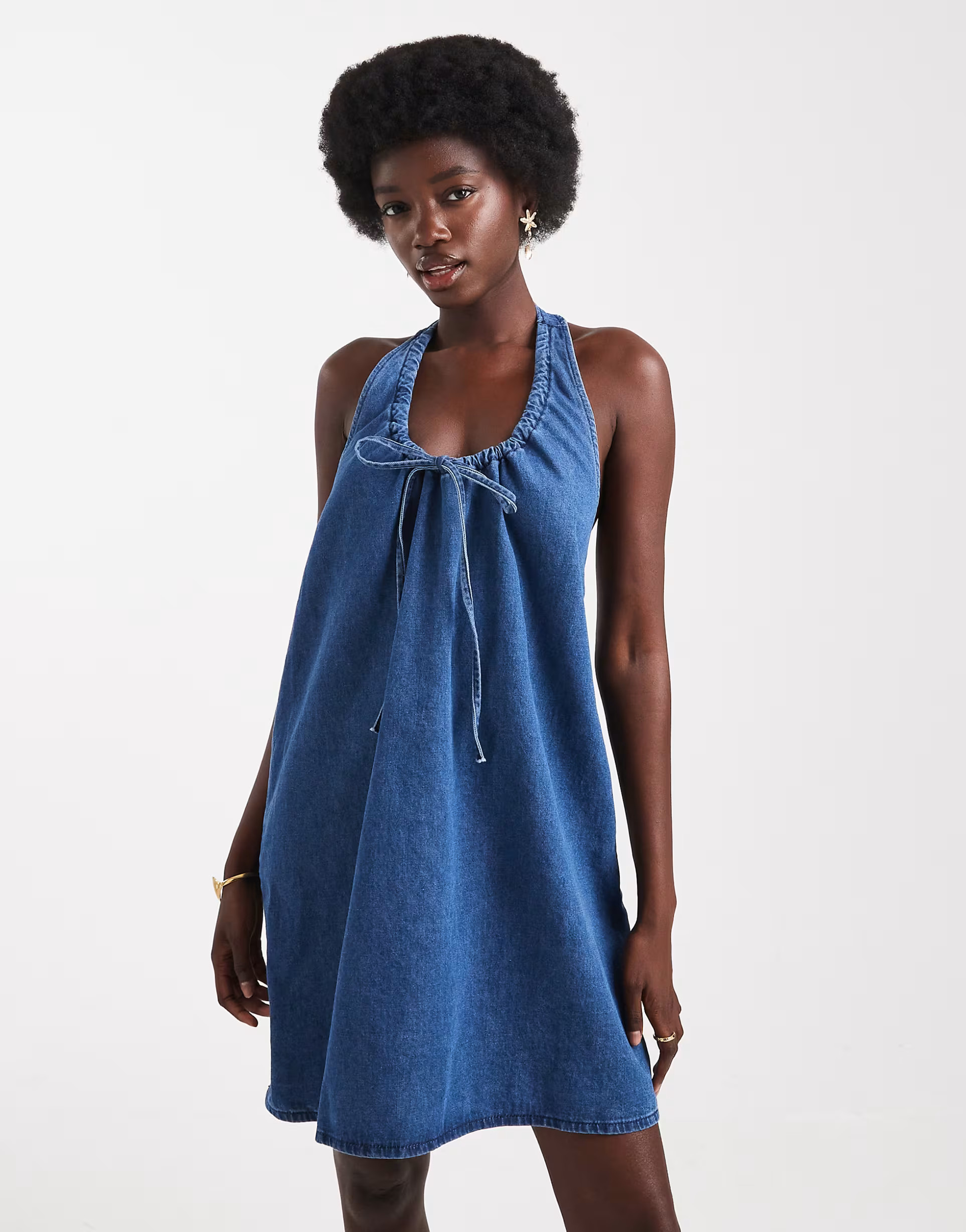 ASOS DESIGN denim scoop neck ruched mini dress in dark mid blue | ASOS (Global)