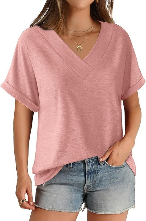 Womens Short Sleeve T Shirts V Neck Loose Fit Shirts Summer Casual Basic Tee Tops | Amazon (US)