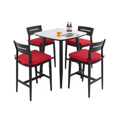 5PC Outdoor Patio Bar Set, Rounded Square 35.4'' Sintered Stone Table & 4 Aluminum Bar Stools, Marble-Inspired Top, Sunbrella Cushion | Target