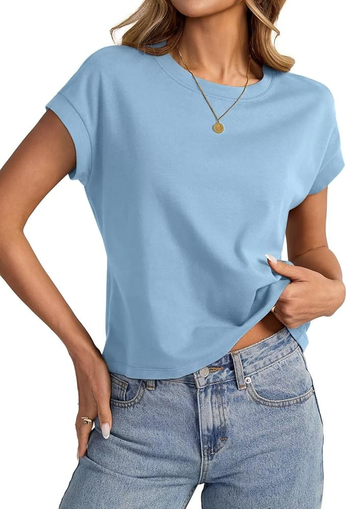 EasyGala Womens Cap Sleeve Crop Tops Cotton T Shirts Crewneck Loose Fit Short Sleeves Tee Summer ... | Amazon (US)