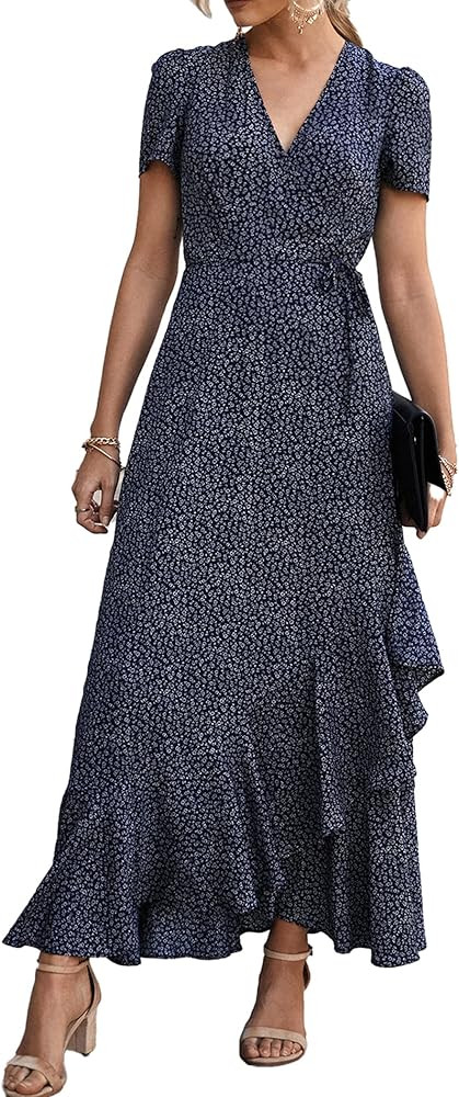 PRETTYGARDEN Women's Summer Wrap Maxi Dress Casual Boho Floral V Neck Short Sleeve Ruffle Hem Spl... | Amazon (US)