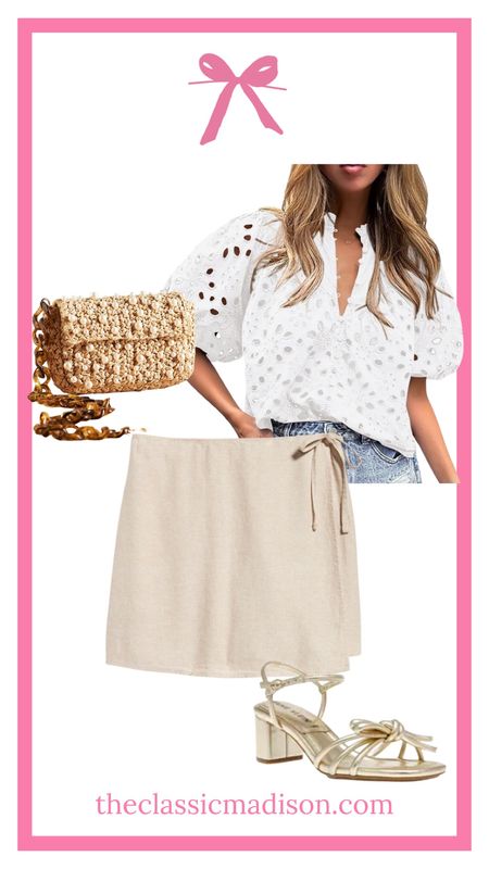 Classic summer outfit idea with gold strappy sandals, white eyelet blouse, linen skort, and pearl raffia bag 